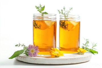 Tasty kombucha drink on a light background