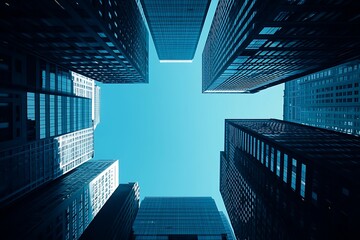 Blue Glass Skyscrapers Reach Upwards Against Sky