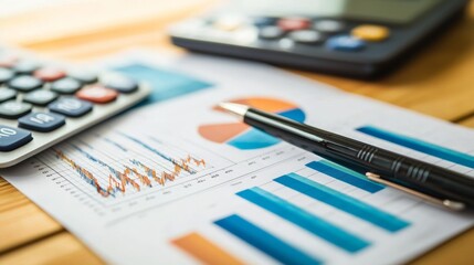 Fototapeta premium Financial Report with Pen and Calculator on Desk