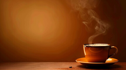 Obraz premium A close-up image of a steaming cup of coffee on a wooden table. The cup is brown and the background is a dark brown.