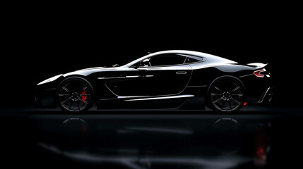 A sleek black sports car is parked in a dark garage. The car is lit by a single spotlight, which highlights its contours and curves.