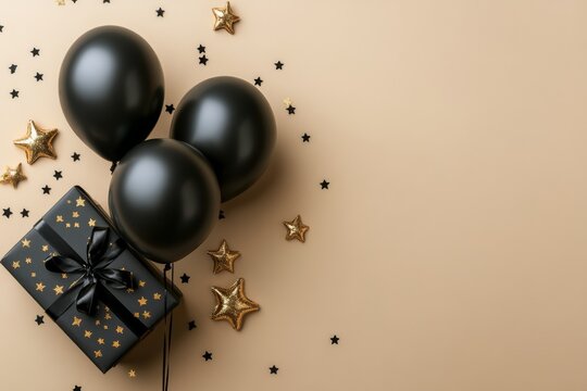 Black gift box with shimmering ribbon surrounded by balloons and golden stars for celebration