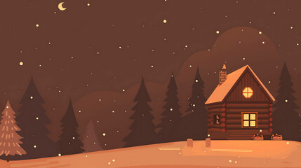 Fototapeta premium A cozy cabin in the woods at night. The snow is falling and the moon is shining. The cabin is warm and inviting, with a light glowing in the window.
