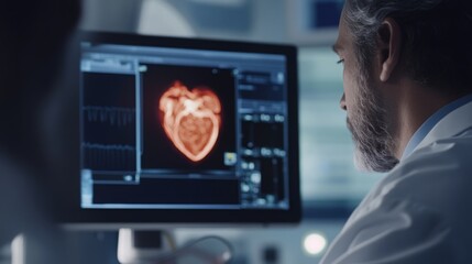 A doctor in a white coat looks at a computer screen. The screen shows a 3D scan of a heart. The doctor is focused on the image.