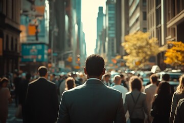 Businessman Walking Through a Busy City Street, Back View