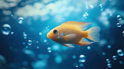 Fototapeta premium A vibrant yellow fish swims through clear, blue water surrounded by air bubbles.