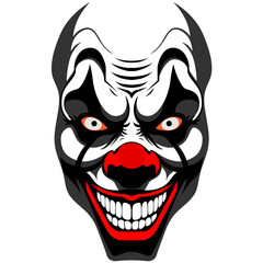 Psycho killer clown mask evil clown face with red nose and lips portrait from the front. Creepy horror clown smiley face, Joker Smile for Halloween realistic illustration graphic	