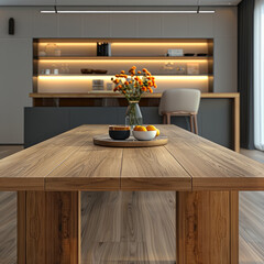 The dining table is in front, and the background is a cabinet.