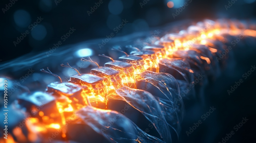 Poster a glowing spine-like structure is depicted, illuminated by vibrant orange light.