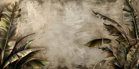 Tropical leaves background, natural design, green foliage, textured pattern, vintage style, organic elements, soft colors, serene atmosphere, artistic composition