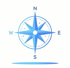 blue compass rose featuring the four cardinal directions&mdash;north, south, east, and west&mdash;set against a white background. 