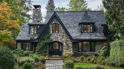 Charming stone cottage with a landscaped garden and a slate roof amidst greenery.