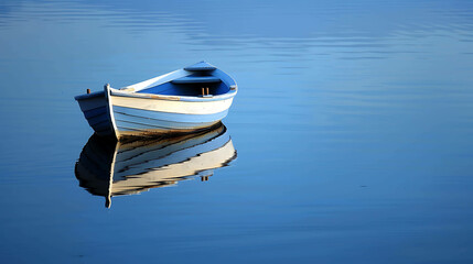Obraz premium Blue wooden boat floating on calm water surface with reflection. Tranquil scene with small boat on lake or river.
