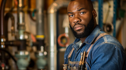 Professional plumber in overalls standing confidently with tools, showcasing expertise and readiness for repair jobs in an industrial setting.