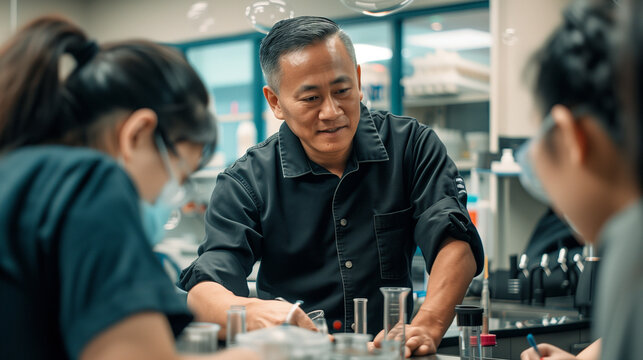 Experienced instructor guides students through a hands-on lab experiment, fostering engagement and understanding in a professional laboratory setting.