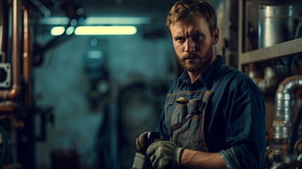 Confident plumber in industrial setting, prepared and equipped with tools, displaying skill and professionalism in his work environment.