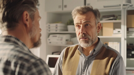 Obraz premium Mature man consulting a client about repair needs in an office environment. Ideal for customer service, consulting, and repair themes.