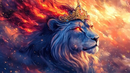 A majestic white lion with glowing red eyes, wearing a golden crown, surrounded by fire and embers, stands against a fiery orange and yellow sky.