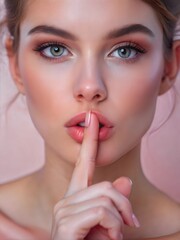 Naklejka premium A young woman with captivating blue eyes gestures for silence against a pastel pink background, showcasing a natural makeup look. Generative AI