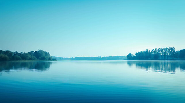 This is a beautiful landscape image of a lake on a calm summer day. The water is a deep blue color and the sky is light blue.