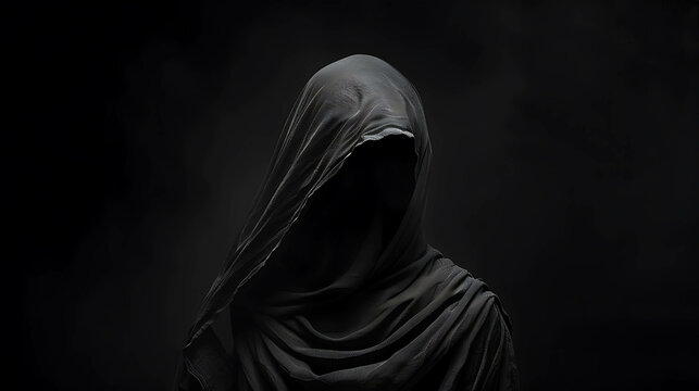 A dark figure with a hidden face. It is wearing a black cloak or robe. The background is also dark, with a slight gradient from top to bottom.