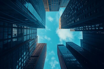 Cityscape View From Below, Towering Buildings Against Clouds