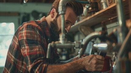 European-looking man working with plumbing tools in a professional workshop, focused and engaged in his task.