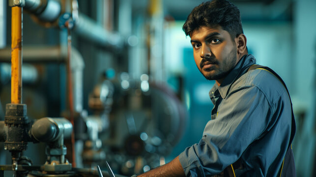 Indian male plumber in overalls holding professional tools, ready to start work on a complex project, with an industrial background.
