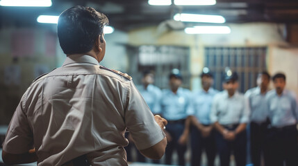 Police officer giving a briefing to a group of colleagues in a well-lit indoor setting, commanding and attentive.