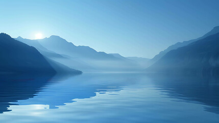 Tranquil sunrise over a still mountain lake. The water is like a mirror, reflecting the sky above.