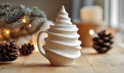 A white porcelain cup in the shape of a Christmas tree, with a Christmas decor in the background.