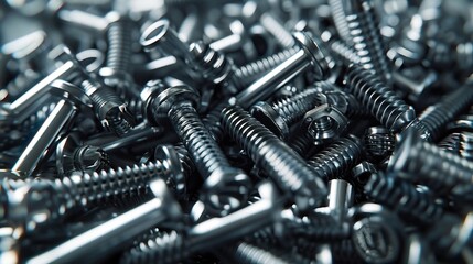 Close-Up of Shiny Metal Screws and Bolts, Industrial Hardware and Mechanical Parts