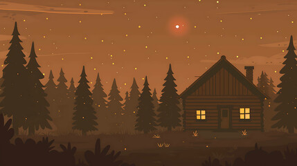 Fototapeta premium A cozy cabin nestled in the woods. The warm glow of the cabin's windows contrasts with the cool, dark night sky.