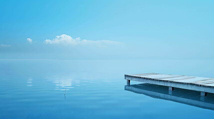 Tranquil lake with wooden dock extending into the calm water, reflecting the serene blue sky above.
