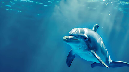 &eth;&Yuml;&not; A bottlenose dolphin gracefully glides through the deep blue ocean, its sleek body shimmering in the sunlight.
