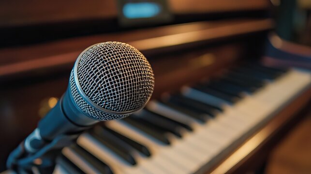 Close-Up of Microphone with Piano Keyboard in Background, Perfect for Music and Performance Concepts
