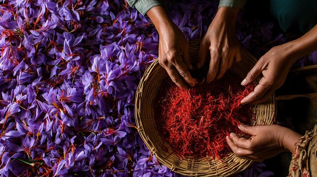 Hands Harvesting Fresh Saffron Threads from Purple Crocus Flowers in a Traditional Basket