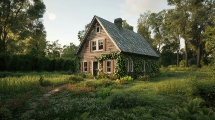 Fototapeta premium A charming wooden house surrounded by lush greenery and vibrant flowers in a serene setting.