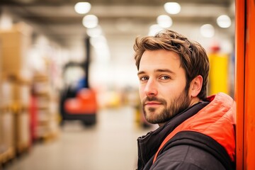 Focused man in a busy warehouse stands beside a forklift with a determined expression