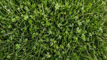 Fototapeta premium Vibrant Green Grass Texture with Clover Patches - Fresh and Lively Look