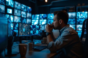 A security officer taking a break at a computer desk, focusing on multiple surveillance monitors in a dark control room