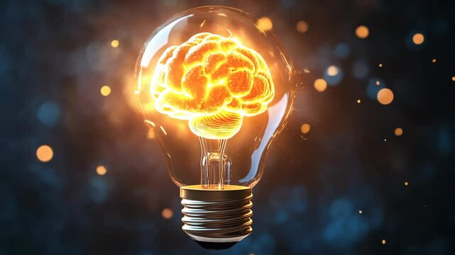 A glowing brain inside a lightbulb against a dark blue background with bokeh lights