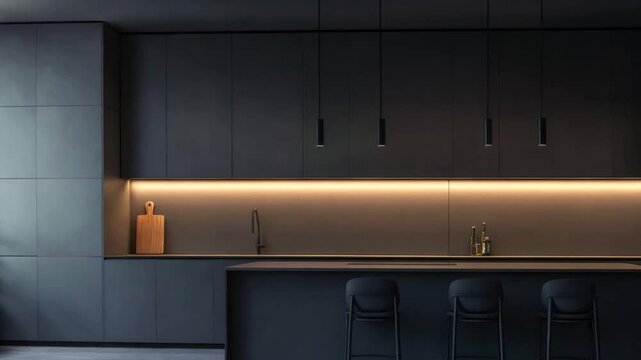 Modern kitchen with sleek cabinetry, ambient lighting, and minimal decor in a contemporary urban home