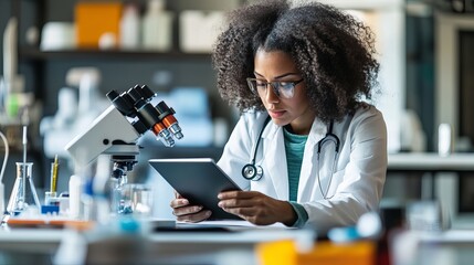 A woman scientist works on a medical project in a lab. She uses a tablet, laptop, and other devices to help her research.