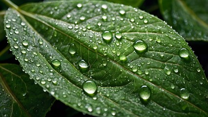Dew-Kissed Green Leaf with Detailed Veins and Fresh Texture in Nature