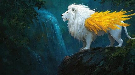   A majestic white lion adorned with golden feathers perched on a rocky outcropping, surveying a breathtaking waterfall cascading into a serene pool