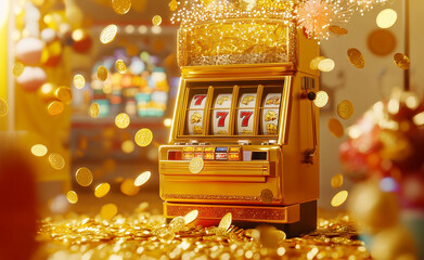Vibrant scene of a slot machine displaying triple sevens with golden coins and confetti exploding around, symbolizing a jackpot win.

