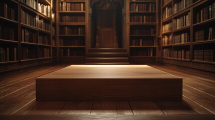A wooden platform in the center of a grand library with rows of bookshelves.