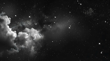 The image is a beautiful night sky with stars and clouds. The sky is dark and the stars are bright. The clouds are fluffy and white.