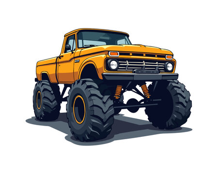 A vector illustration of a classic lifted monster truck in yellow color.